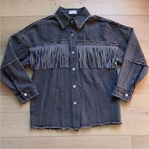 Pink Lily Black Studded Fringe Denim Jacket